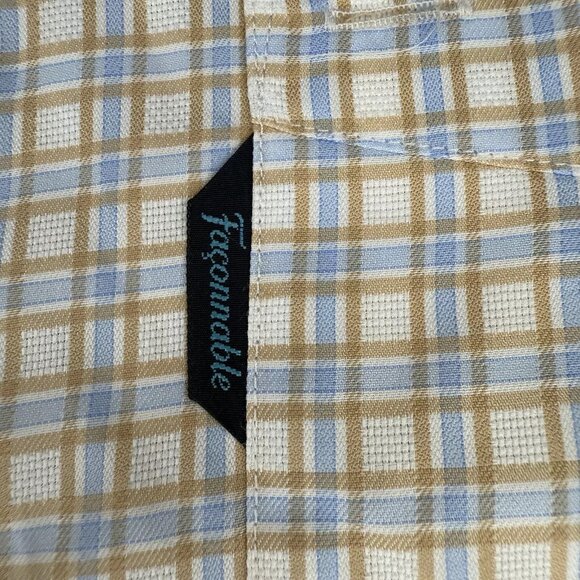 Faconnable Dress Shirt Mens L Blue Tan Checked Long Sleeve Button Up - Picture 4 of 10